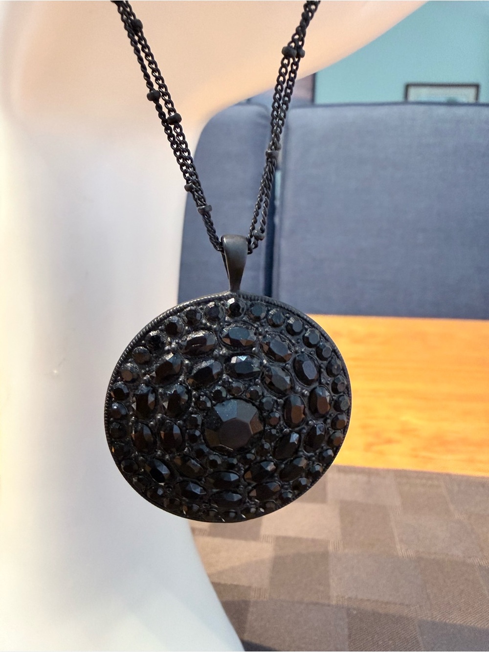 Vintage Crown Trifari Black Rhinestone Pendant Necklace Gothic